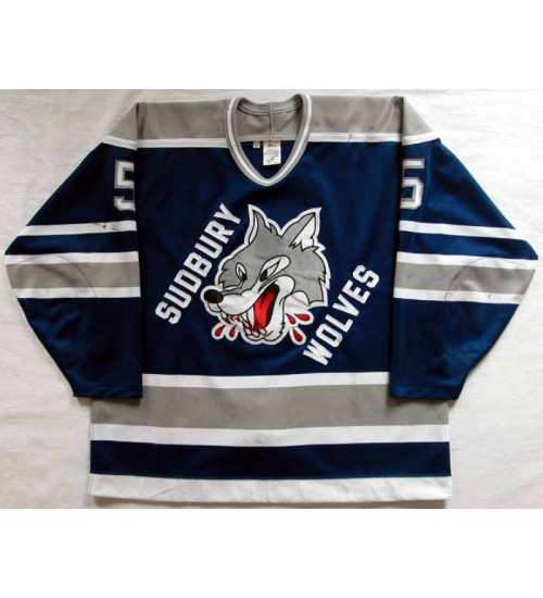 Custom OHL Sudbury Wolves 1994 95 5 Mike Wilson Hockey Jersey Away Blue